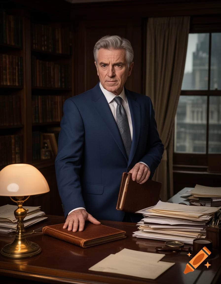 A distinguished older man in a blue suit stands in a library with books on a wooden desk.