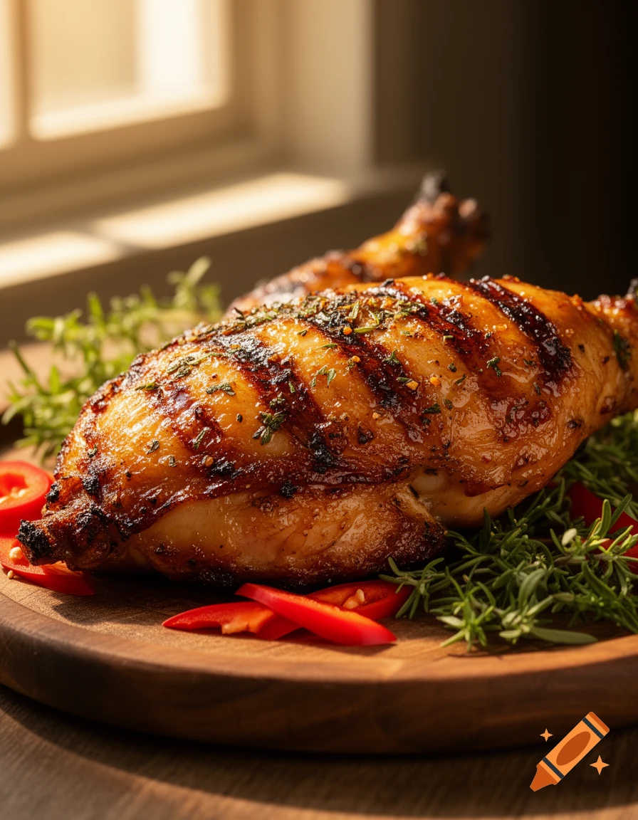 Photorealistic image of a glazed BBQ chicken on a wooden board with herbs and red chili slices.