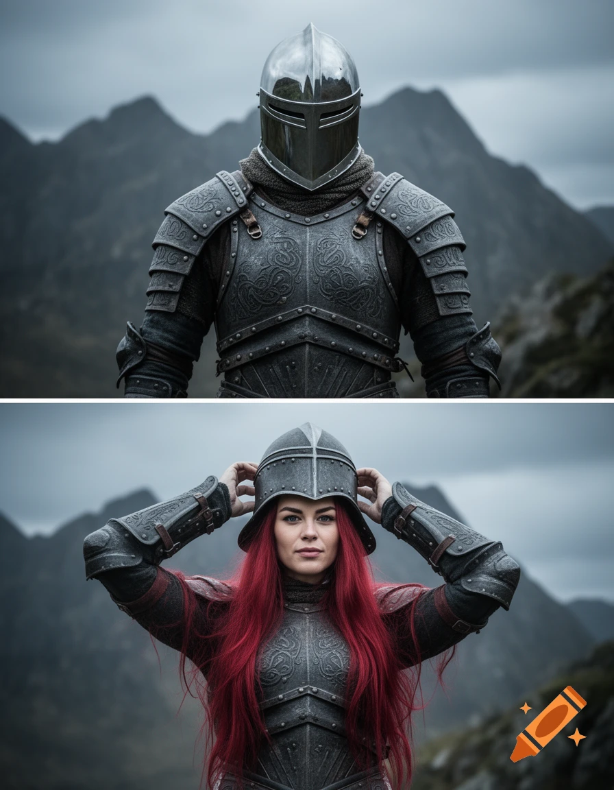 Two panels show a warrior in plate armor; the top is helmeted, the bottom reveals a red-haired woman removing her helmet, set against mountains.