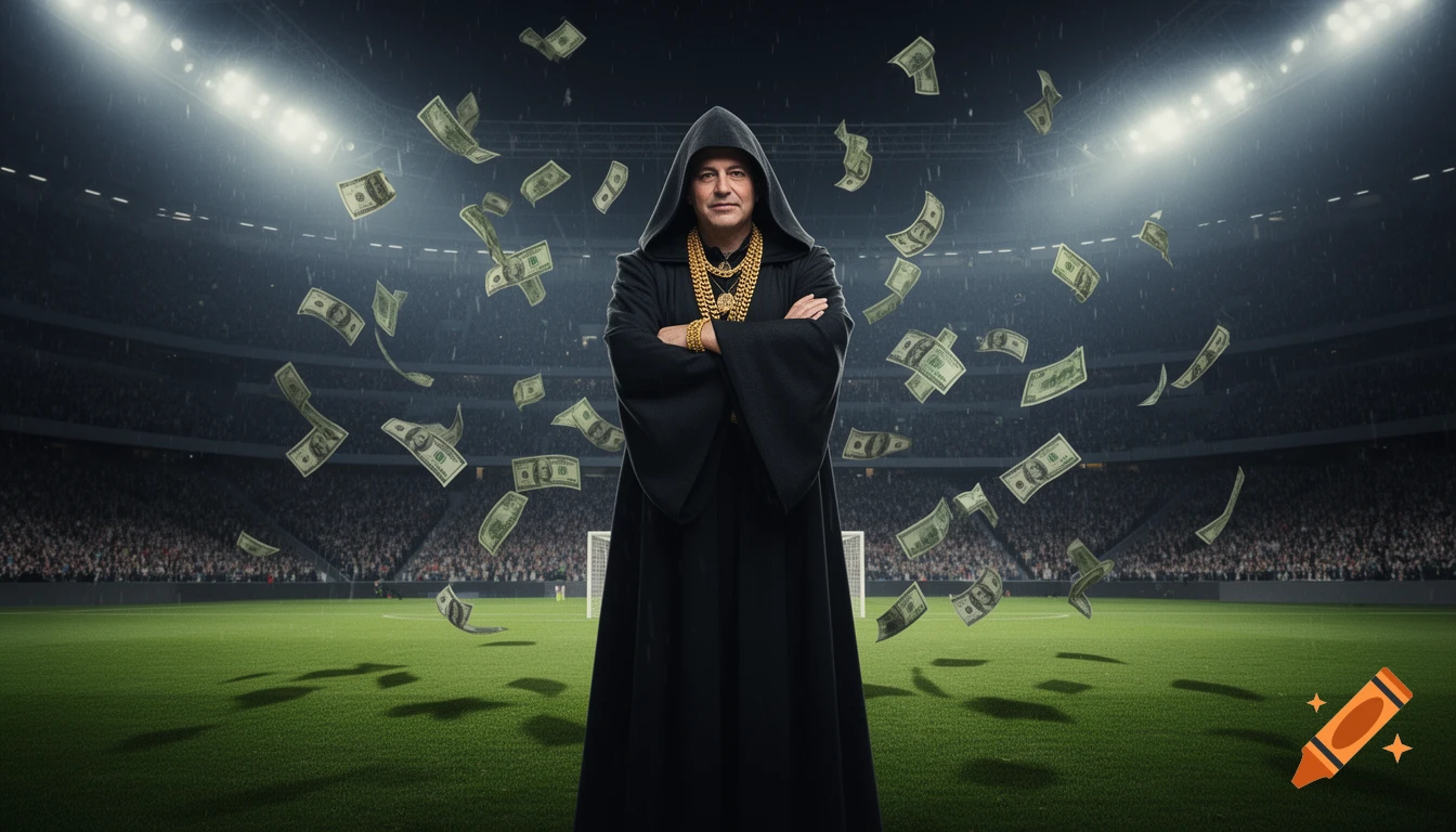 A man in a black hooded robe and gold chains stands on a soccer field as dollar bills rain around him in a stadium.