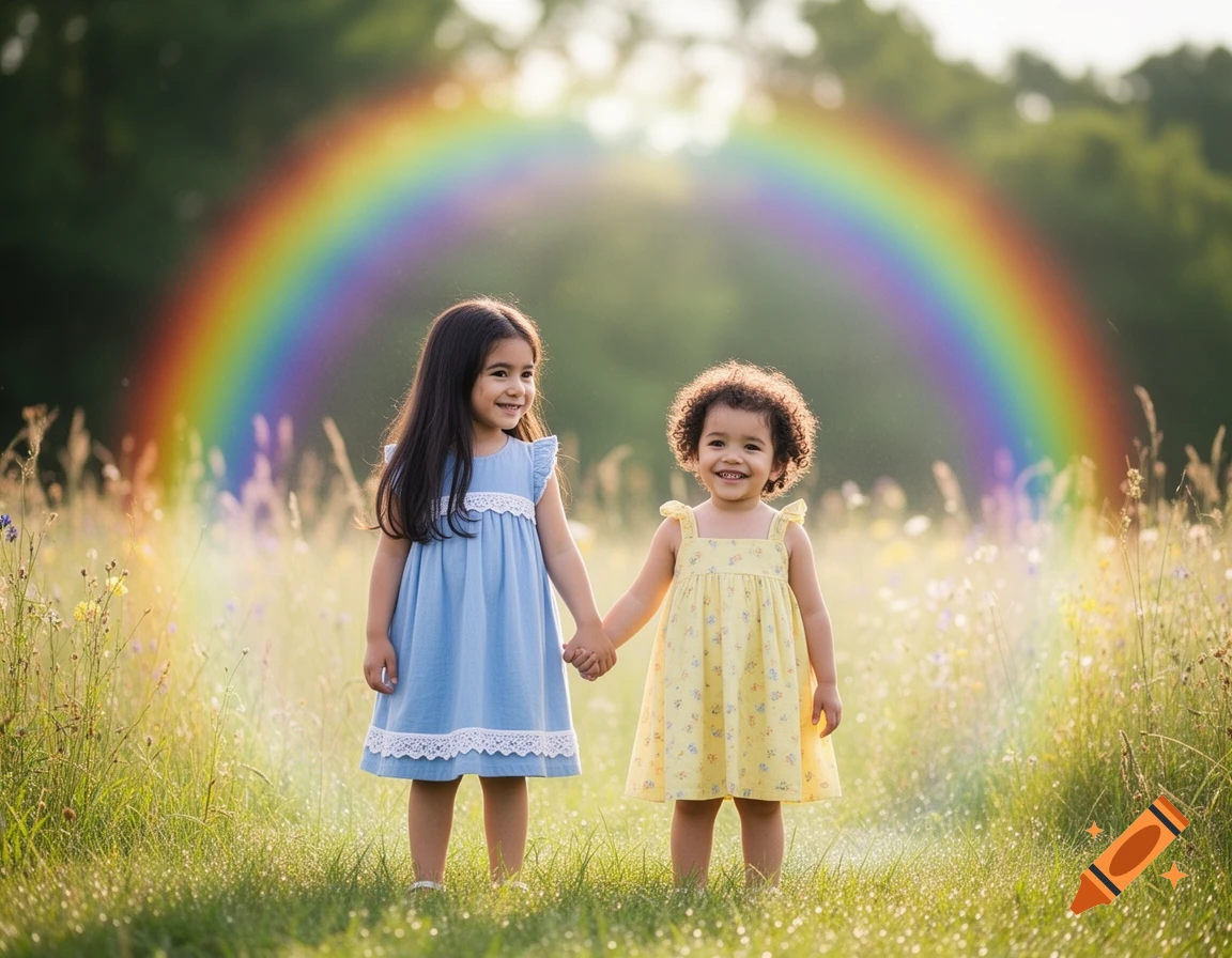 Two happy young girls holding hands in a sunlit grassy field with a vibrant rainbow arching overhead, photorealistic style.