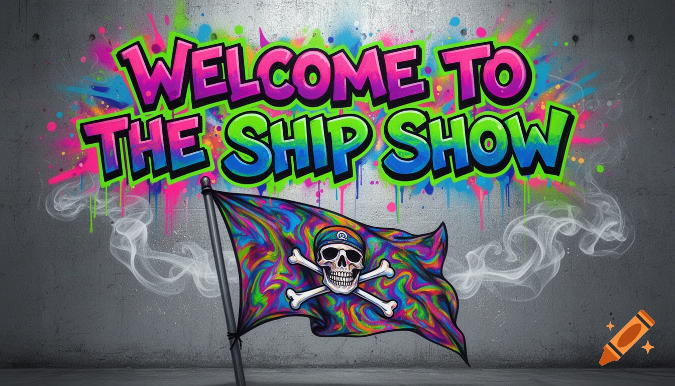 Neon graffiti 'Welcome to the Ship Show' on a concrete wall, with a psychedelic pirate flag featuring a skull and crossbones below.