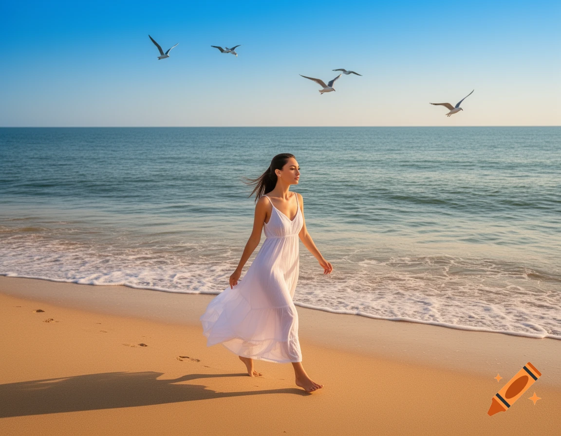 A woman in a white dress walks barefoot on a sandy beach next to the ocean, with seagulls flying above.