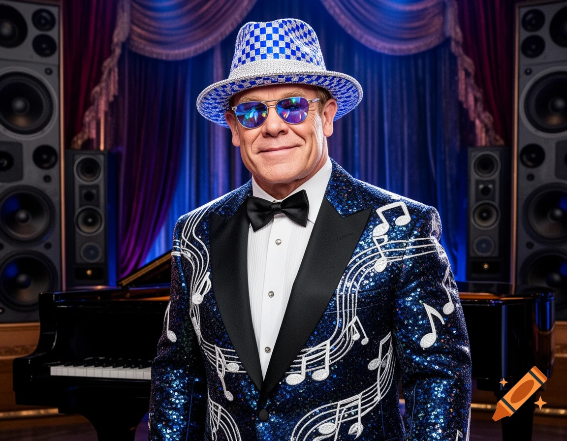 Elton John in a sequined blue suit with musical notes, a checkered hat, and sunglasses on a stage with a piano and speakers.