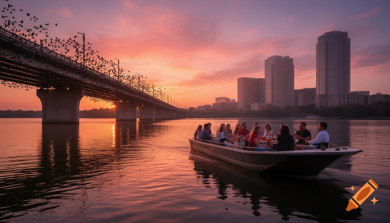 A boat filled with people cruises on a river at sunset, with bats flying from under a bridge and a city skyline in the background.