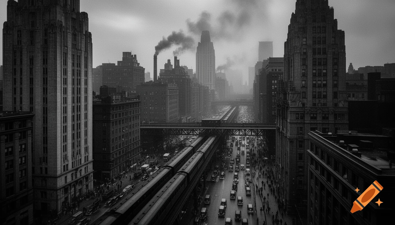 Dark and gritty black and white overview of a 1930s American cityscape with towering buildings, busy streets, and an elevated train.
