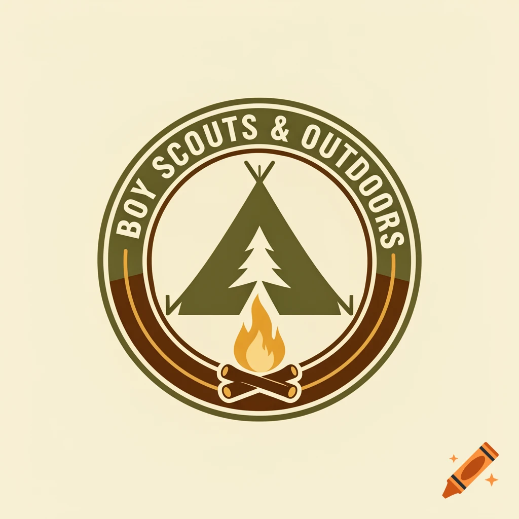 Circular logo for Boy Scouts & Outdoors featuring a tent, two trees, and a campfire.