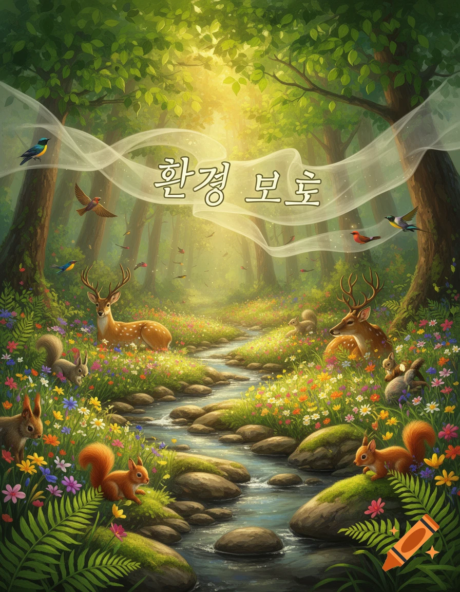 Vibrant illustrated forest with a river, deer, squirrels, birds, wildflowers, and Korean text ' 환경 보호' (environmental protection).