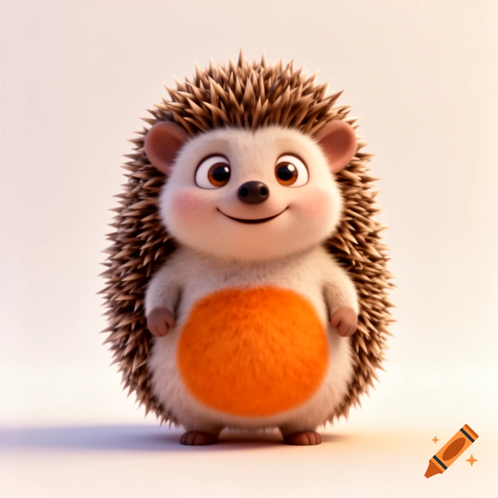 A cute 3D cartoon hedgehog with big curious eyes, an orange belly, brown spikes, and a friendly smile, on a light background.