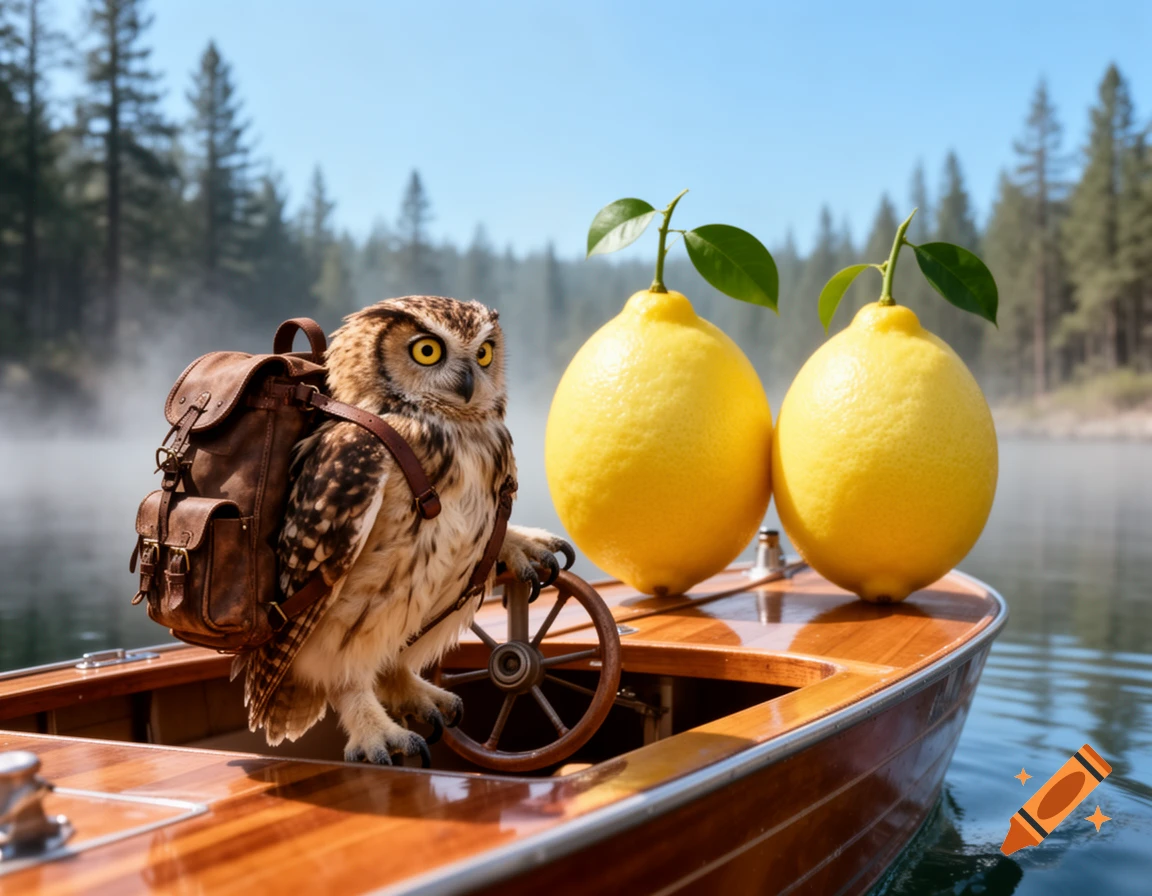 A photorealistic image of an owl with a brown backpack steering a wooden boat on a lake, with two giant lemons behind it.