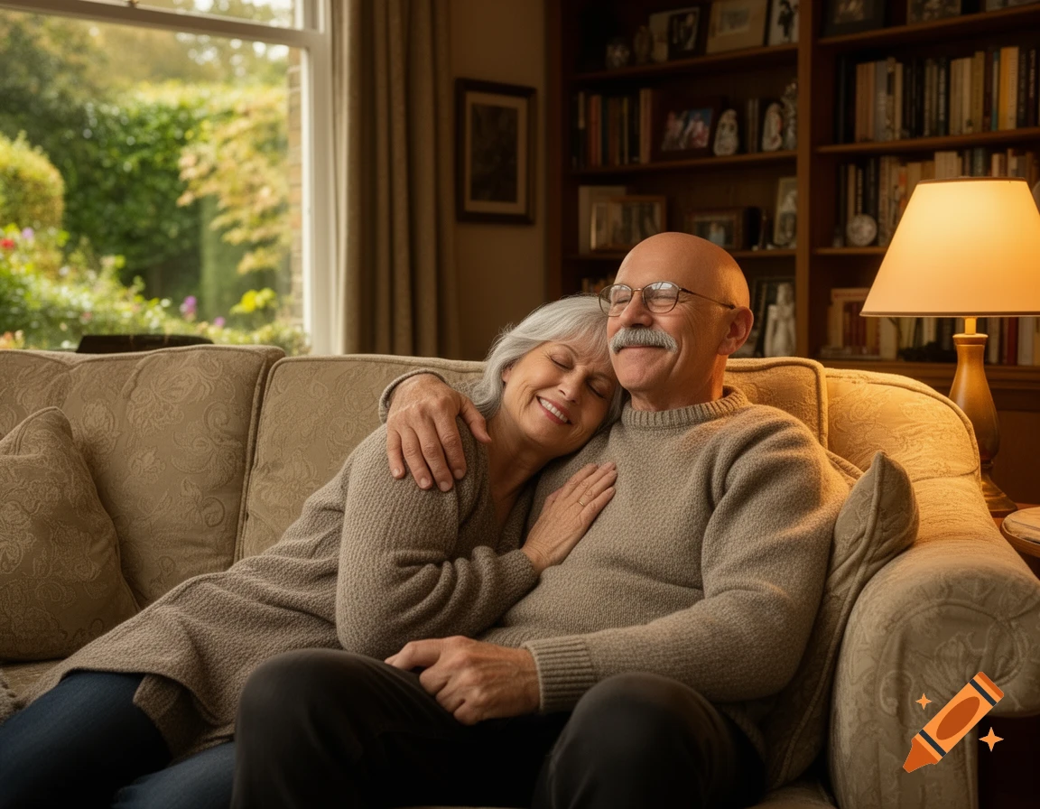 An elderly couple embraces on a living room sofa, bathed in warm light from a nearby window and lamp, a bookshelf in the background.