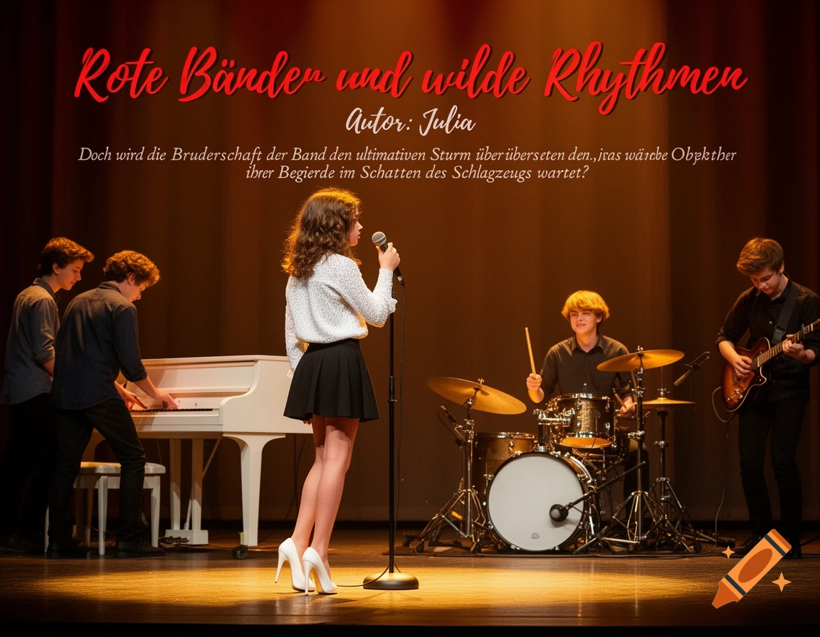 A band performing on stage under a spotlight. A female singer in a white blouse, black skirt, and white heels sings into a microphone, facing a drummer. A pianist and guitarist are also on stage, with German text above.