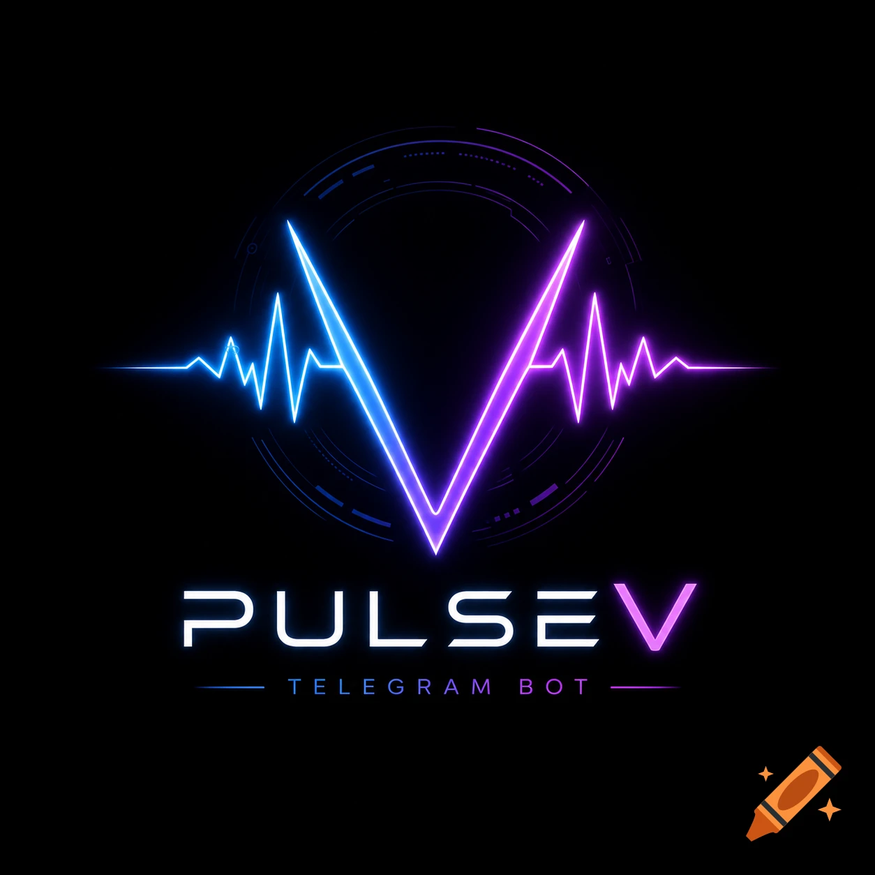 A futuristic logo for PulseV Telegram Bot, featuring a glowing blue and purple V-shaped sound wave on a dark background.