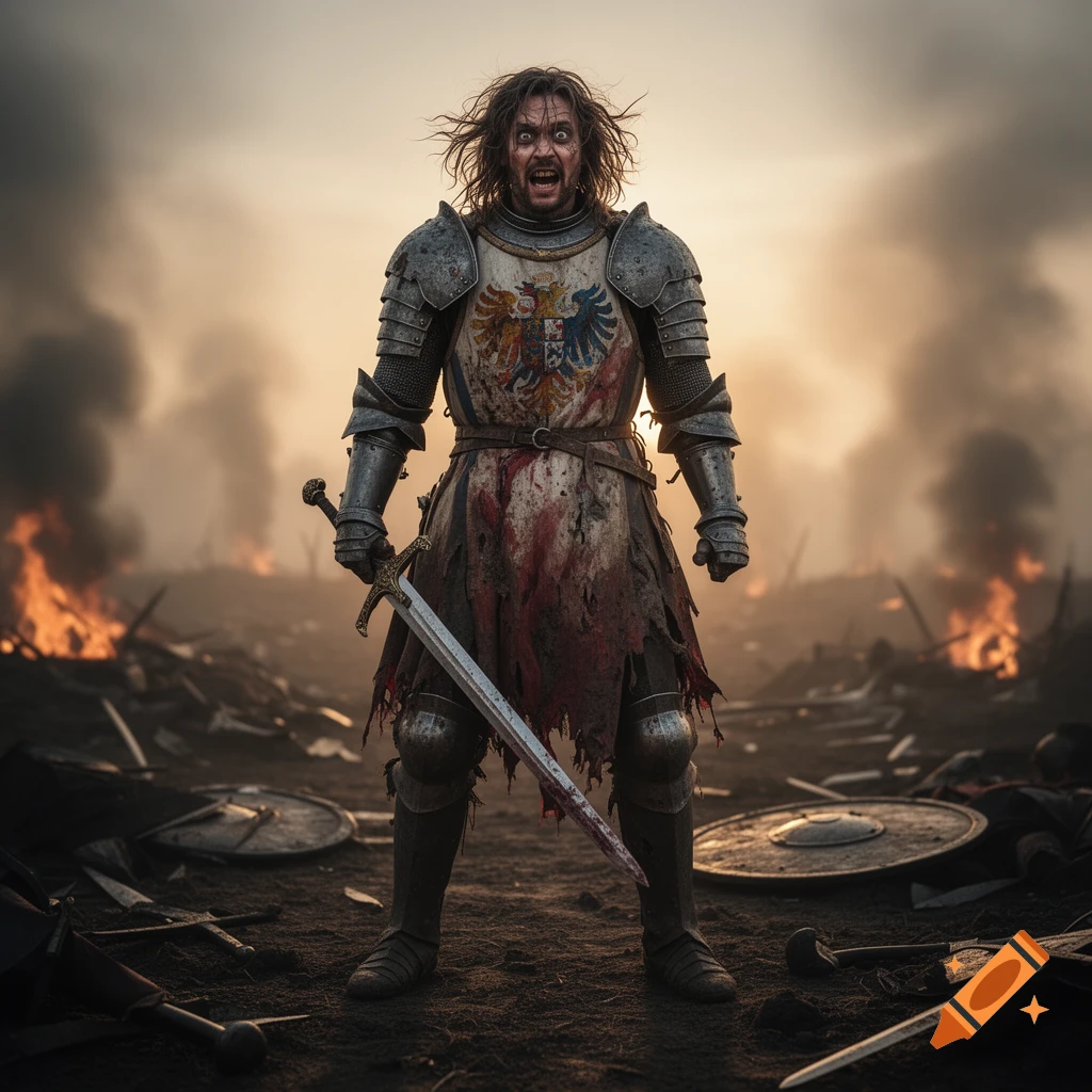 A disheveled, crazed knight in blood-stained armor stands on a burning battlefield, holding a sword.