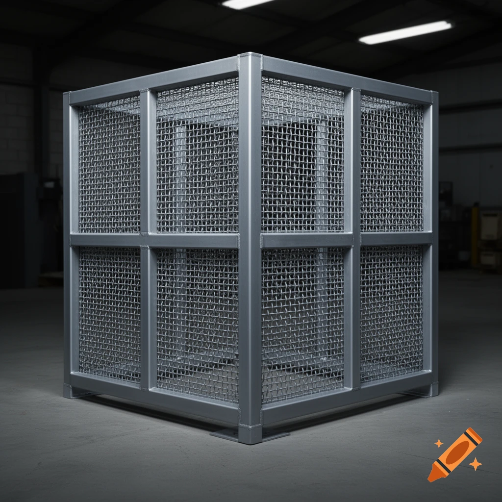 A square, silver-grey metal gas cage with a box section frame and mesh infill, in an industrial setting.