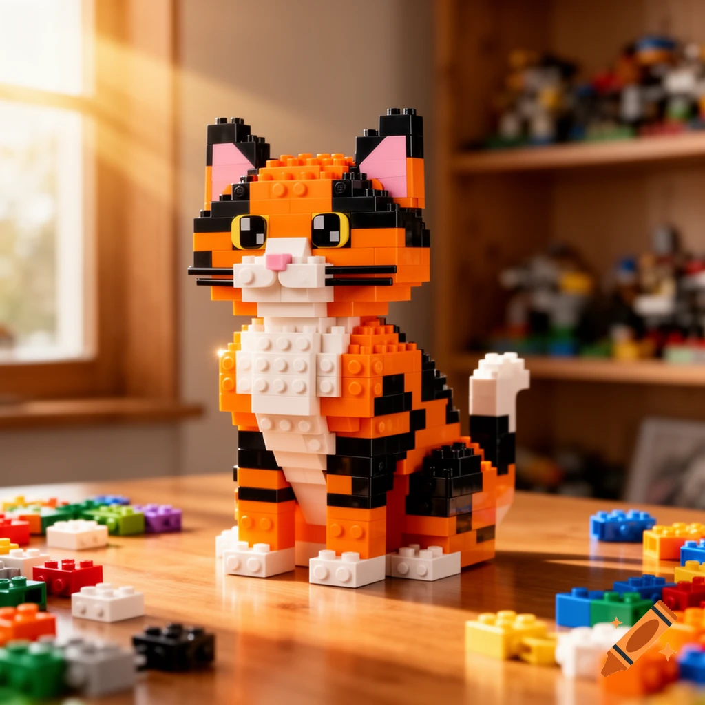 A photorealistic orange, black, and white building block cat sits on a wooden table with colorful blocks, bathed in warm sunlight.