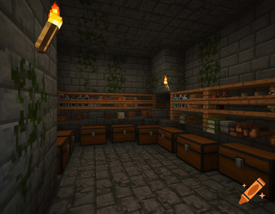 A pixelated Minecraft-style stone basement storage cellar with wooden shelves, various items, and chests on the floor, lit by torches.
