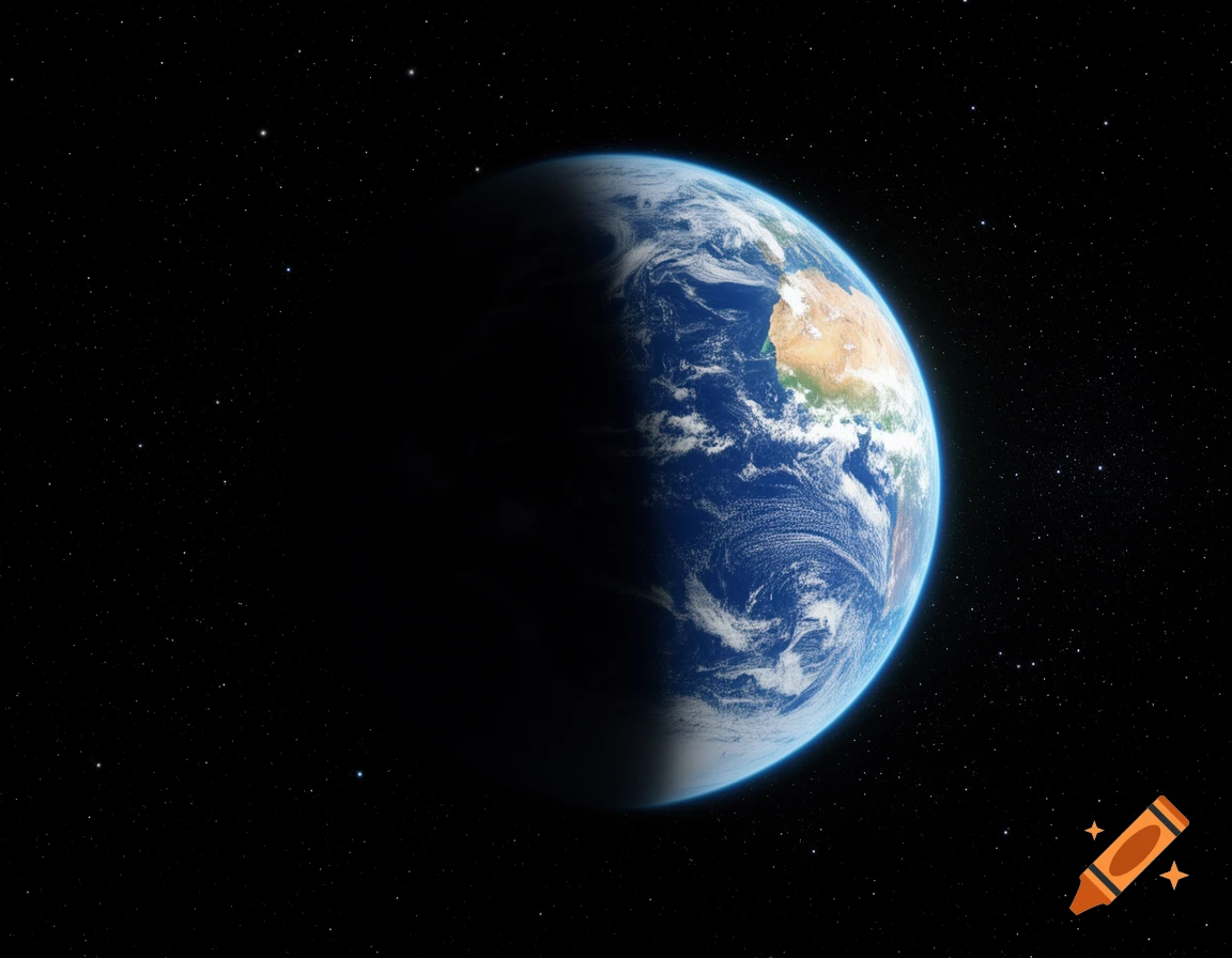 Photorealistic image of Earth, half lit and half in shadow, floating in dark space with visible stars.