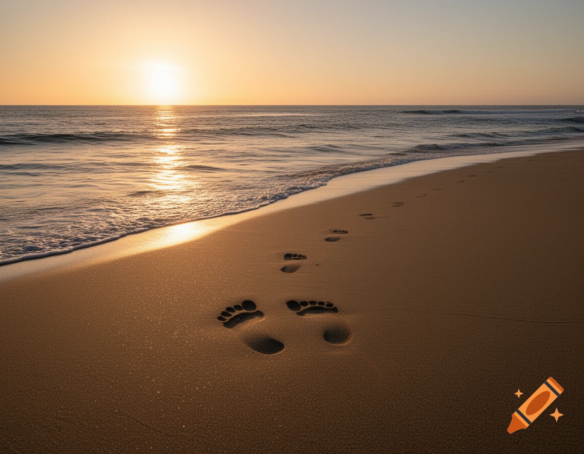 Photorealistic image of a beach at sunset with waves washing ashore and footprints in the sand.