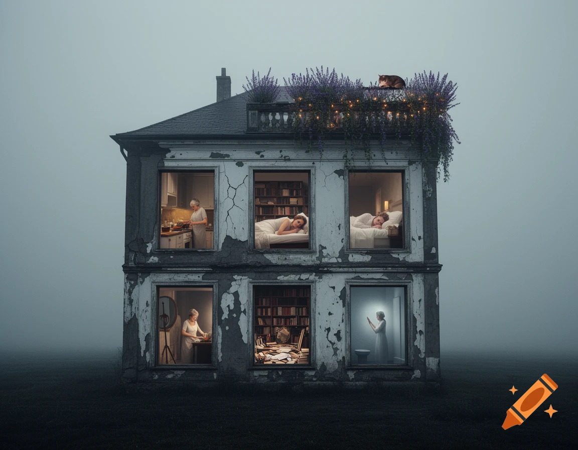 A dilapidated house in a misty landscape shows a woman in various rooms: cooking, sleeping, reading, and looking in a mirror. A cat rests on the lavender-adorned roof.