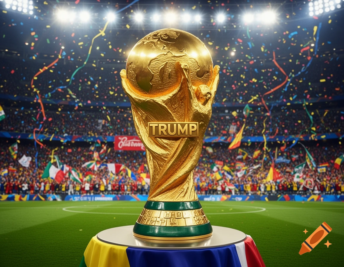 A golden World Cup soccer trophy with 'TRUMP' engraved on it, standing on a podium in a brightly lit stadium filled with cheering fans and falling confetti.