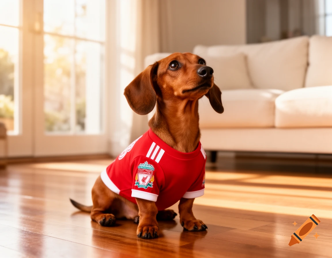A cute brown dachshund wearing a red Liverpool FC jersey sits on a polished wooden floor, looking up towards the light.