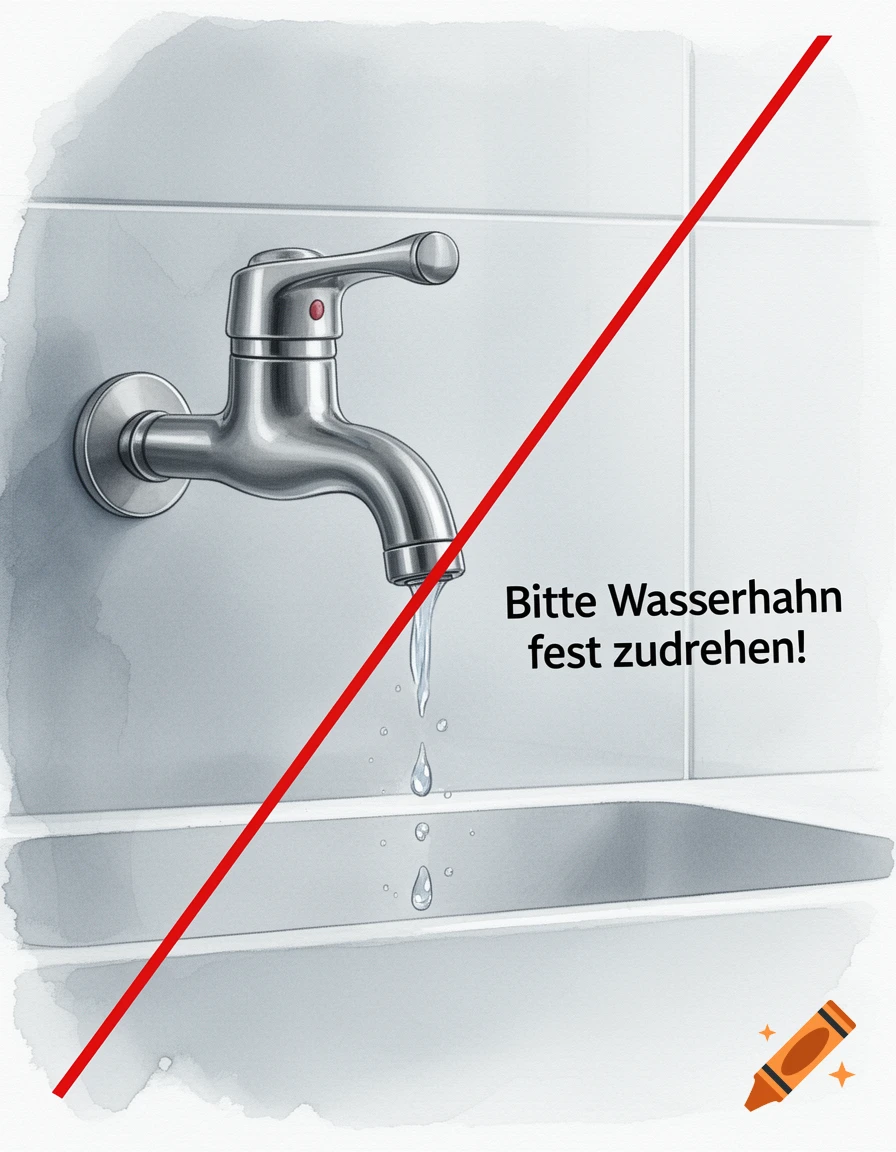 Illustration of a dripping faucet with a red cross-out, over a sink with German text 'Bitte Wasserhahn fest zudrehen!'