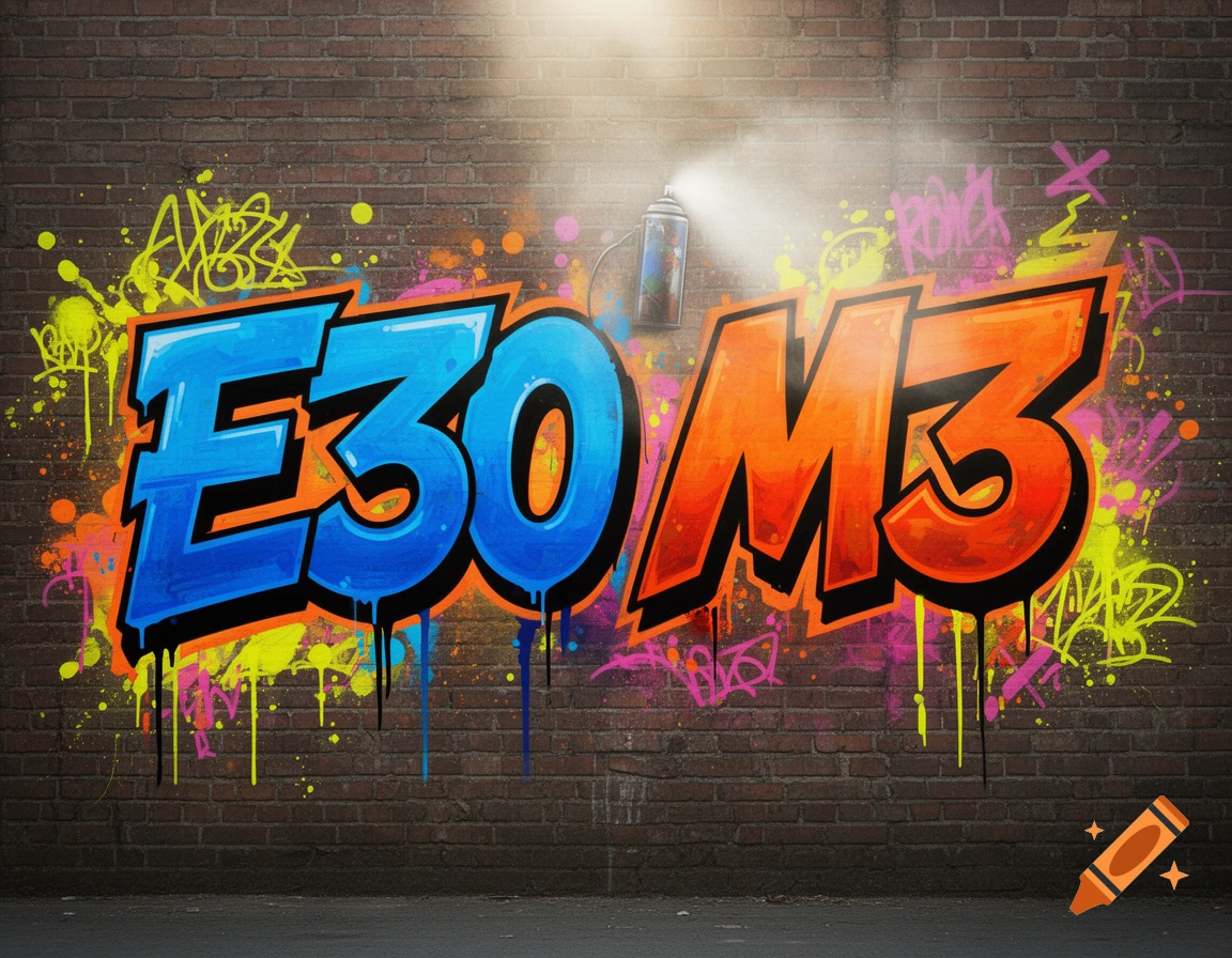 Vibrant blue and orange E30 M3 graffiti with drips and colorful splatters on a brick wall, with a spray can.