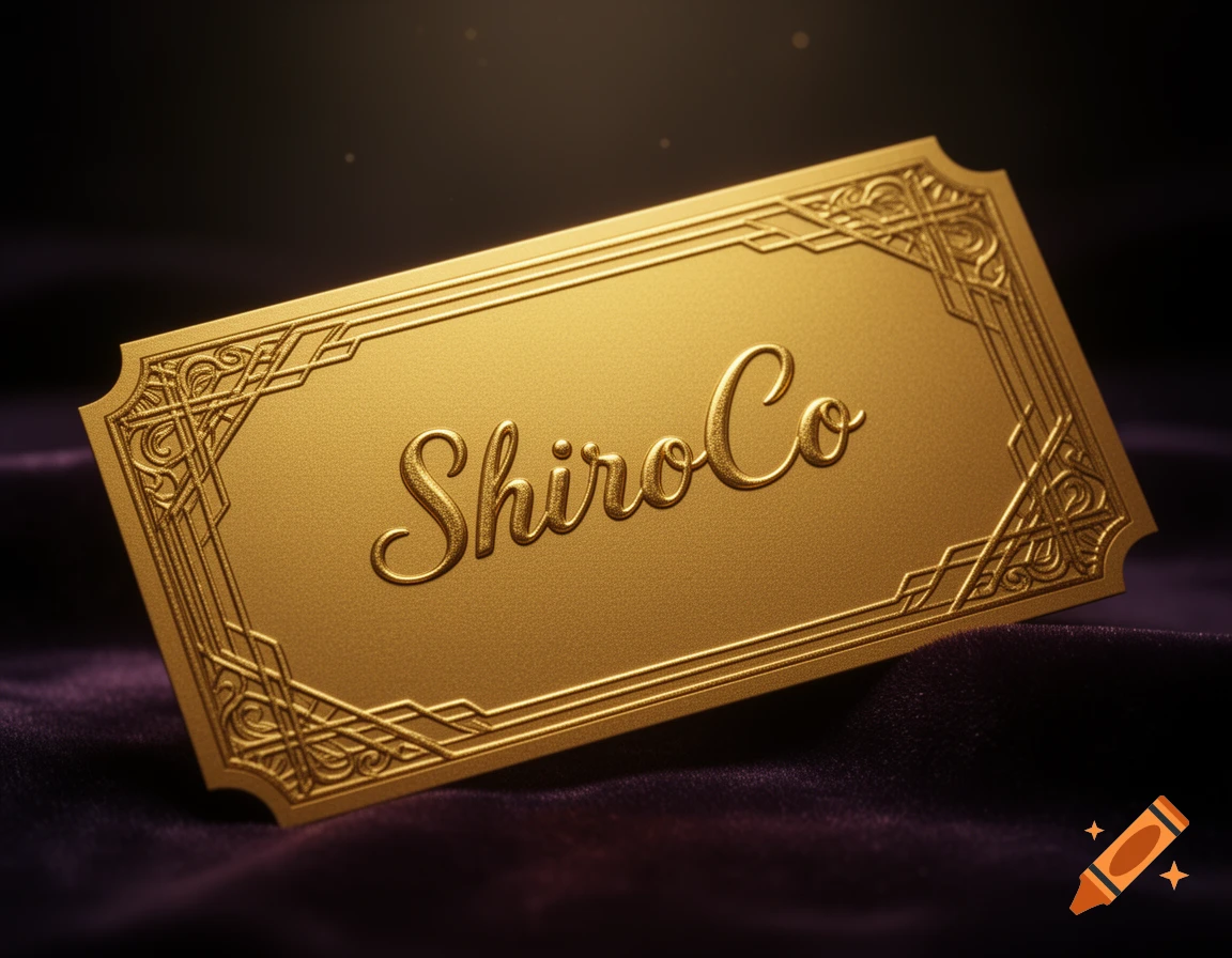 A luxurious golden card with 'ShiroCo' embossed in script and an ornate Art Deco border, resting on dark purple velvet.