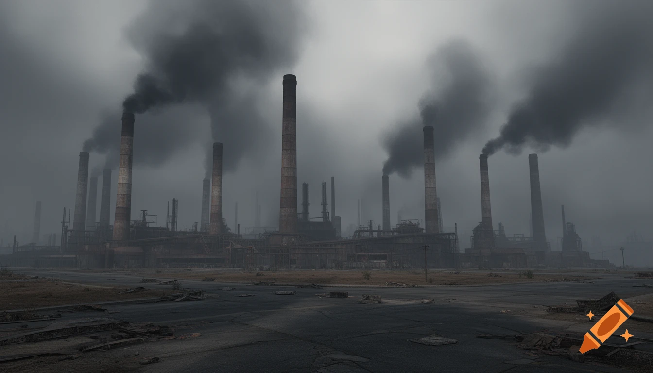 A grim, wide shot of a polluting industrial complex with many towering smokestacks emitting dark smoke into a hazy, overcast sky.