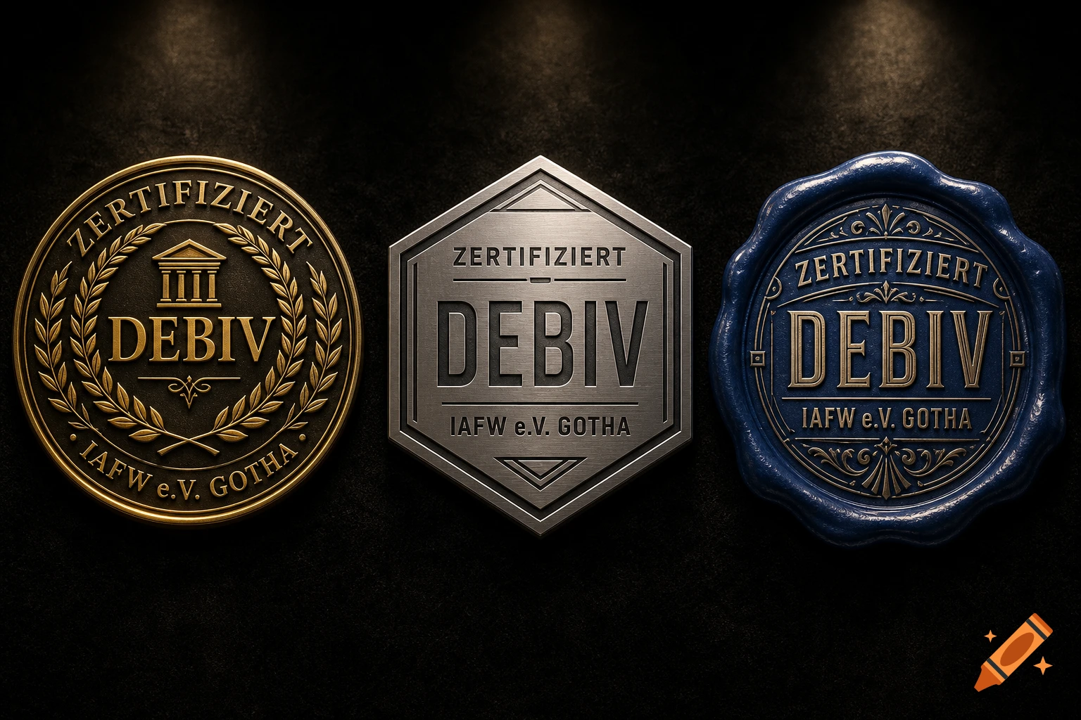 Three ornate metallic seals: gold, silver, and blue, displaying 'ZERTIFIZIERT DEBIV IAFW e.V. GOTHA' on a dark background.