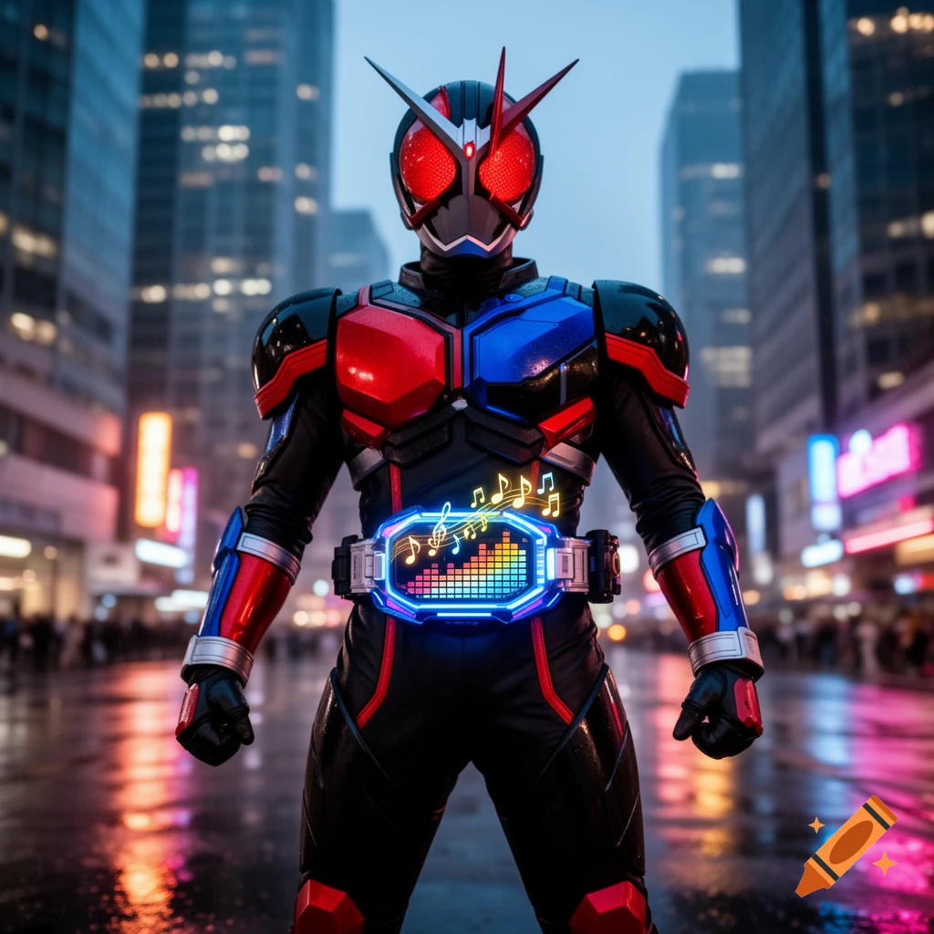 A red and blue armored superhero with glowing red eyes and a neon DJ beat belt stands in a rainy cyberpunk city street.