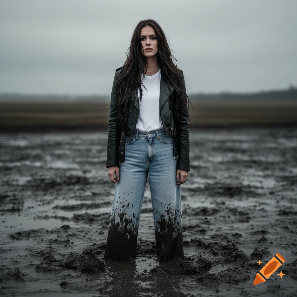 A woman with long dark hair, wearing a black leather jacket and muddy jeans, stands in a vast muddy field.