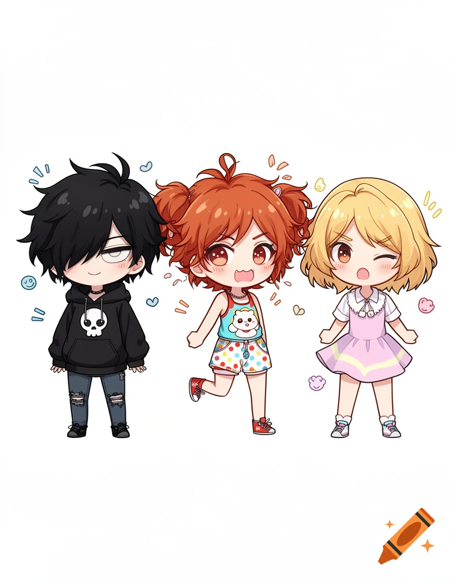 Three chibi anime characters: an emo boy in a black hoodie, a cheerful girl with pigtails, and a winking blonde girl in a pink dress, on a white background.