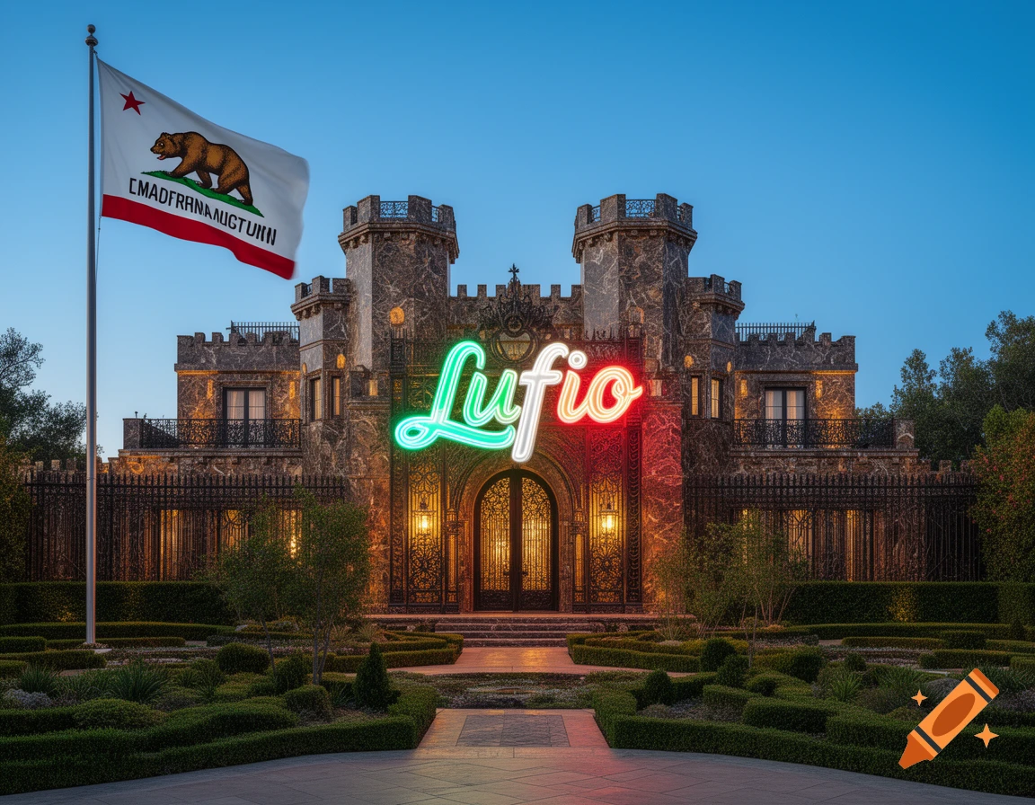 A grand fortified stone mansion with a glowing 'Lufio' neon sign over its entrance, a California flag waving prominently, and manicured gardens at dusk.