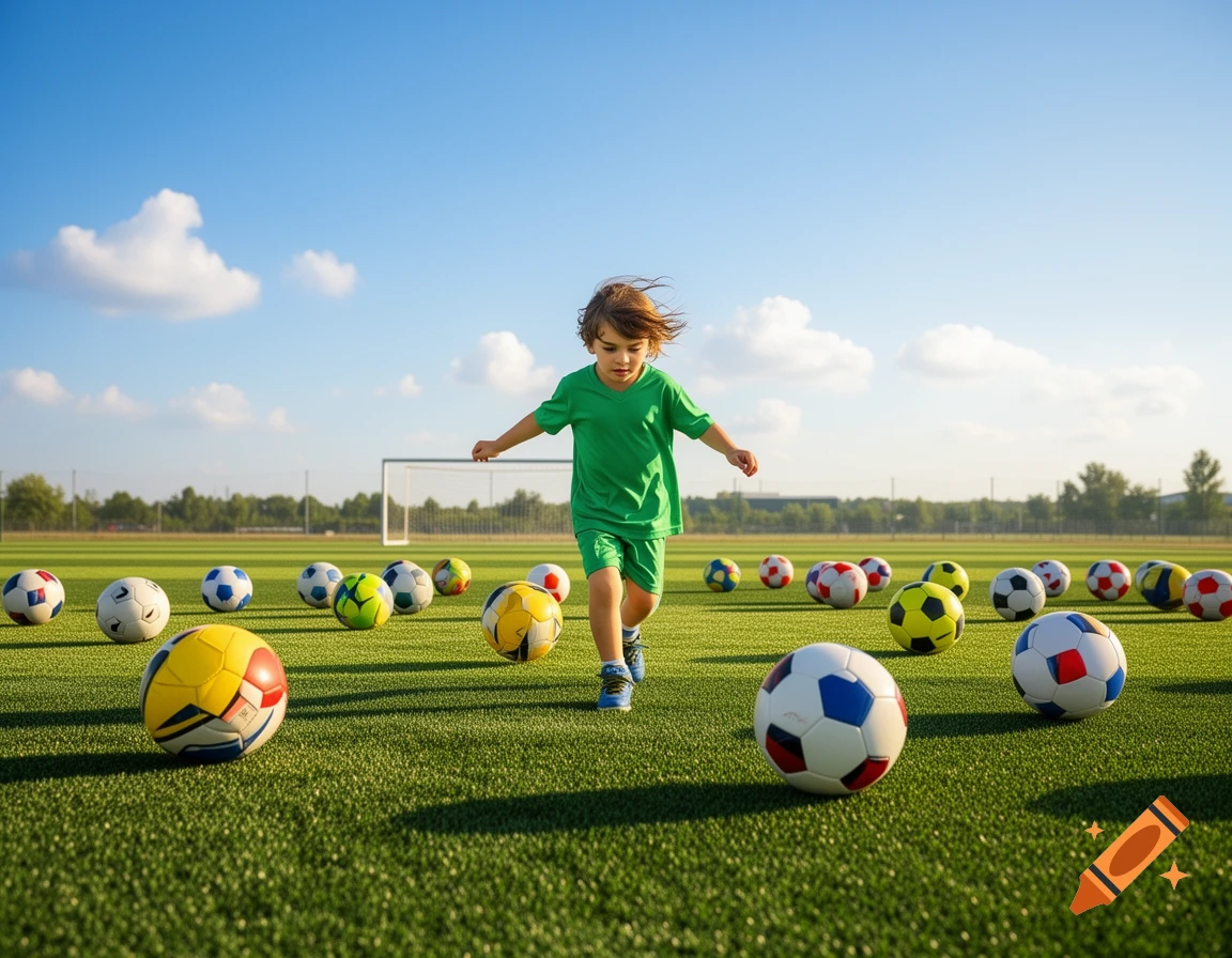 A young child in a green outfit runs on a soccer field surrounded by many soccer balls under a bright blue sky.