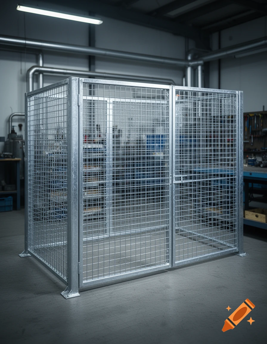 Photorealistic image of a large, empty metal mesh cage with a door in an industrial workshop.