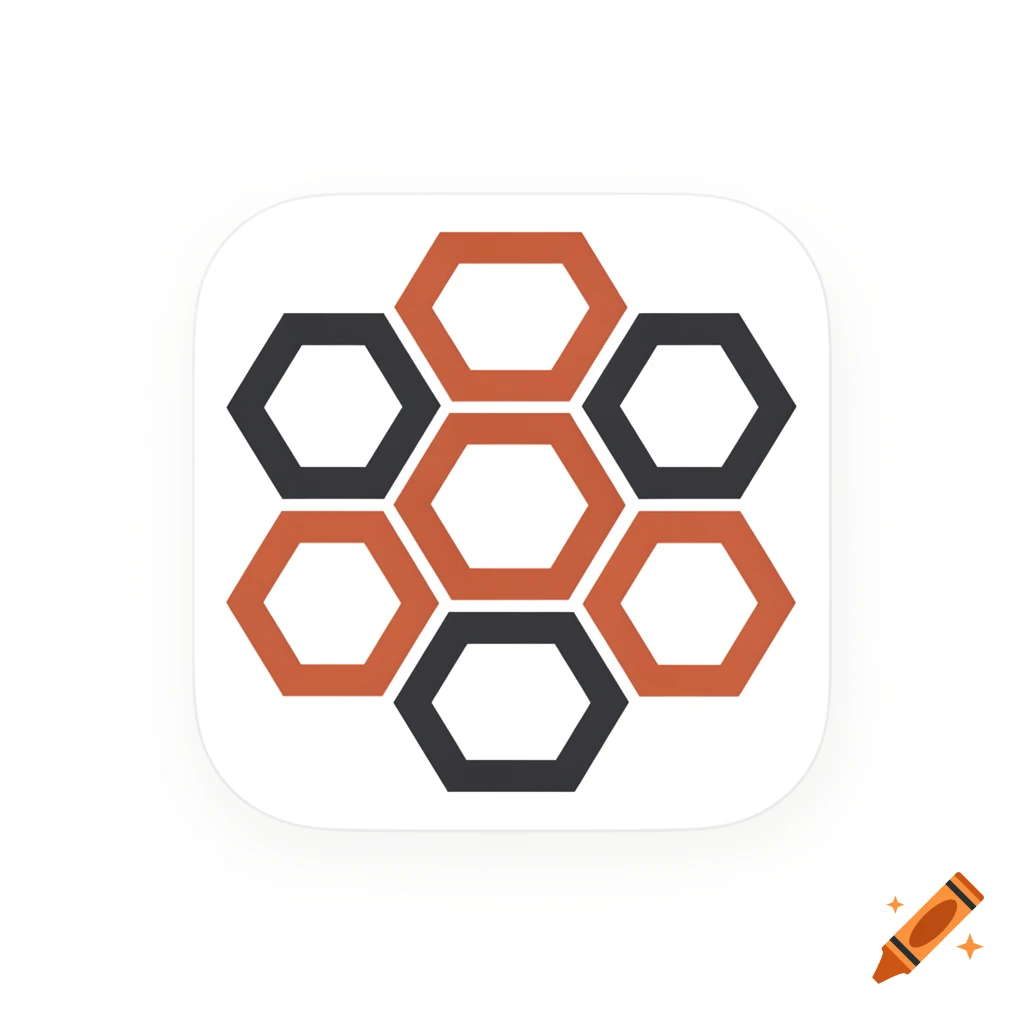 A minimalist app icon featuring a cluster of interconnected terracotta and charcoal hexagons, forming a geometric pattern.