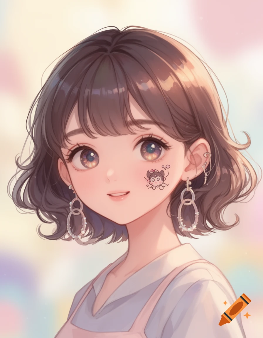Anime portrait of a smiling girl with short brown hair, large eyes, big hoop earrings, and a cute creature drawing on her cheek.