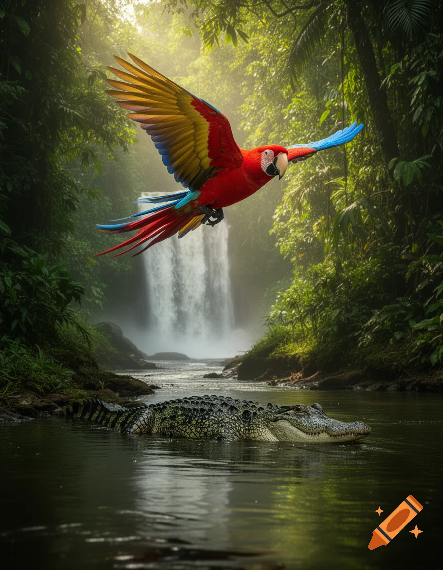 A vibrant red, blue, and yellow macaw flies above a caiman in a river, with a majestic waterfall and lush green jungle in the background, photorealistic.