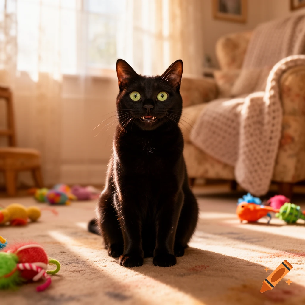 A photorealistic black cat with bright green eyes sits on a sunlit carpet, smiling faintly amidst colorful toys.