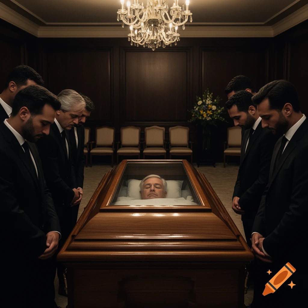 Men in suits gather around a deceased man in an open coffin at a funeral home, under a chandelier.
