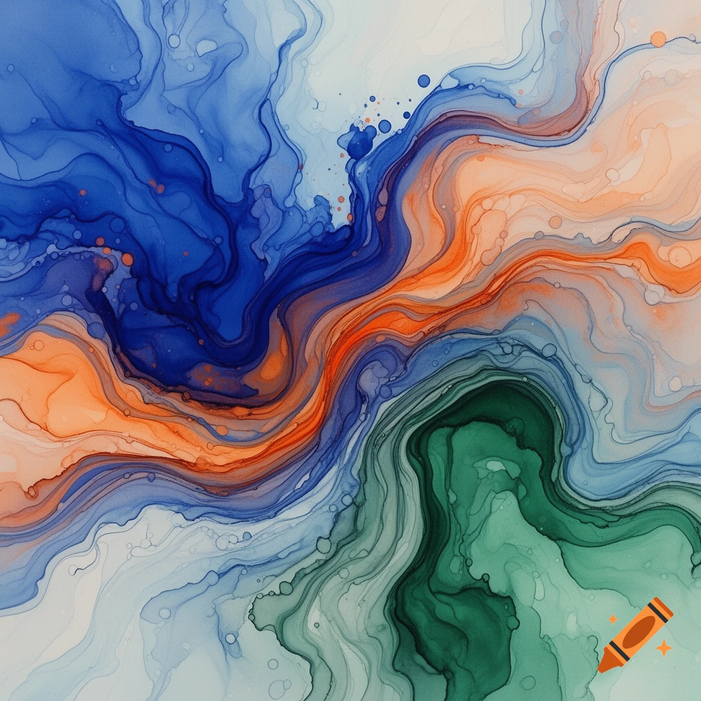 Abstract fluid art with swirling patterns of blue, orange, and green ink, resembling alcohol ink painting.