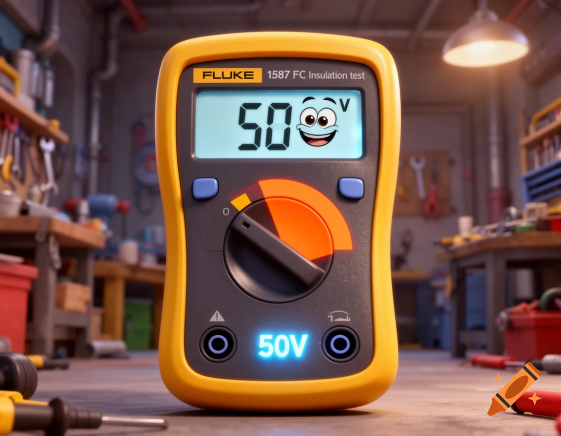 A detailed 3D animated cartoon rendering of a yellow and dark gray Fluke multimeter, displaying '50V' on its screen with a friendly face, in a workshop setting.