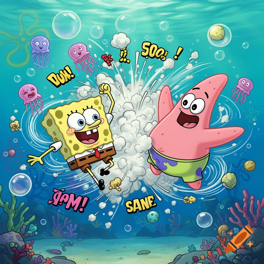 SpongeBob and Patrick burst out of a cloud underwater, surrounded by jellyfish and bubbles in a vibrant cartoon style.