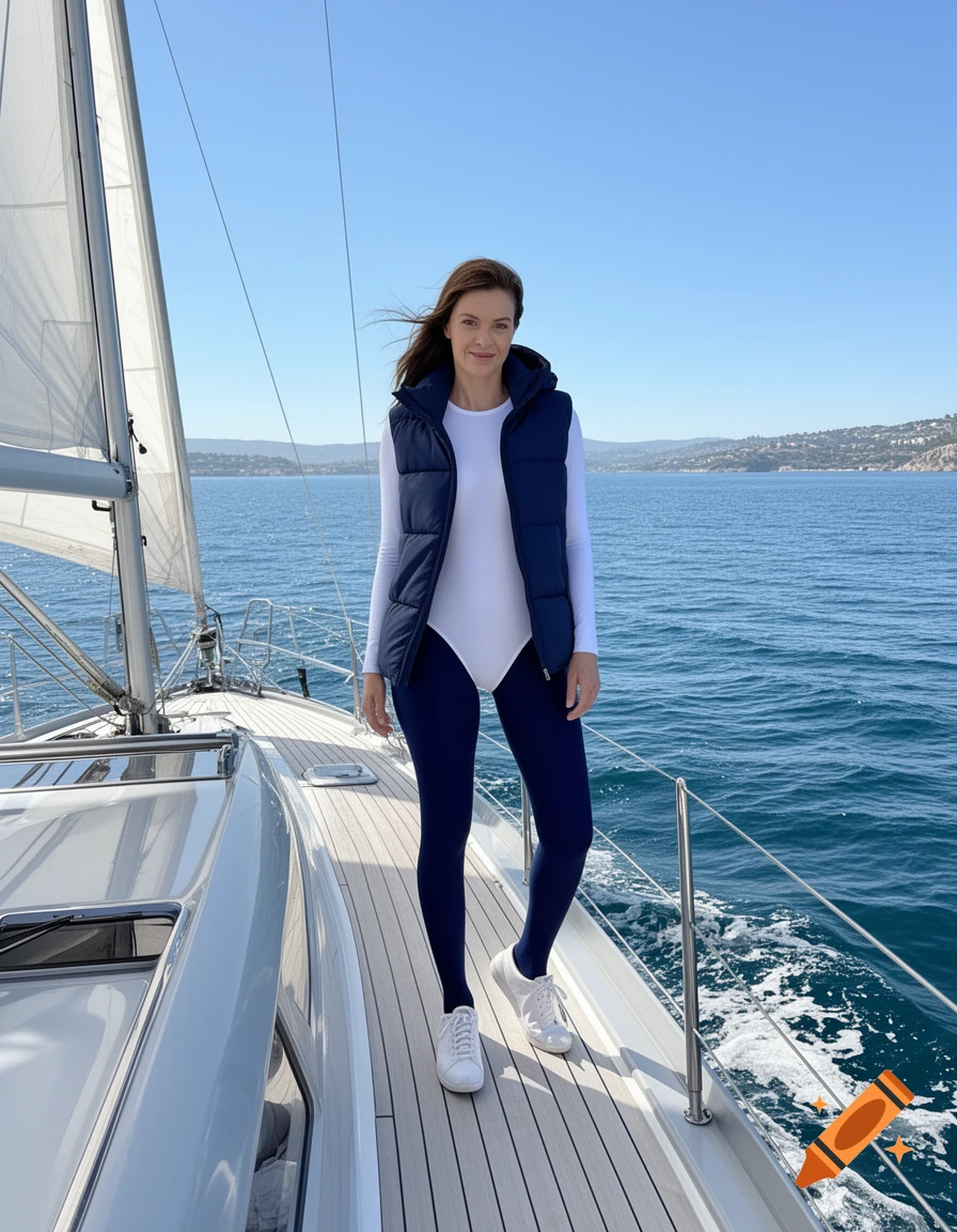 A woman in a navy blue puffer vest, white long-sleeved leotard, and navy leggings stands on a sailboat deck, with the ocean and distant coast in the background.