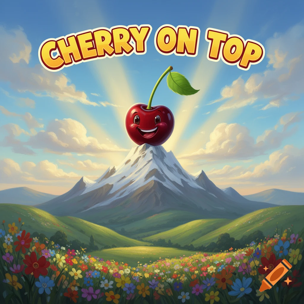 A smiling cartoon cherry sits on a snow-capped mountain peak amidst a colorful wildflower field. 'CHERRY ON TOP' text floats in the sunny sky.