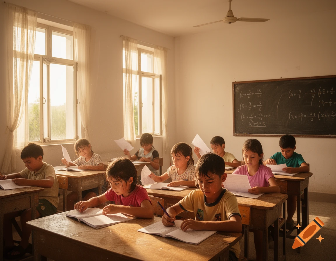 Children in a sunlit classroom writing at wooden desks, with a blackboard in the background.