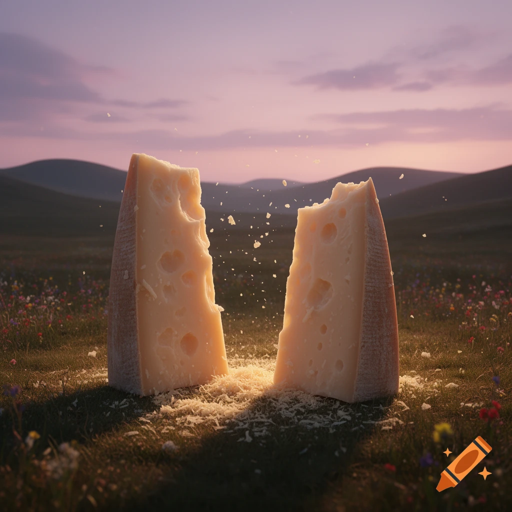 Two large halves of Parmesan cheese dramatically split apart in a grassy field at sunset, with cheese crumbs in the air.