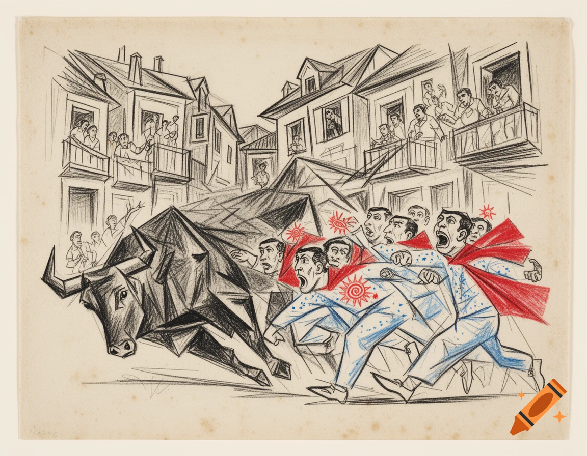 Cubist line drawing depicting a chaotic Pamplona bull run with fragmented forms, running men in white and red, and spectators in buildings.
